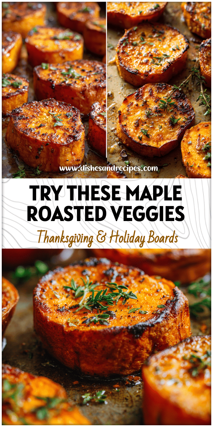 Golden maple roasted sweet potatoes on a baking tray with herbs showcasing oven roasted veggie dishes.